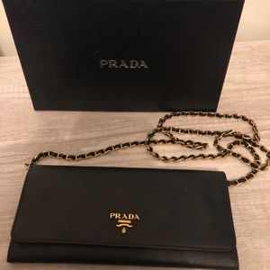Prada Saffiano Black Leather Wallet on Chain